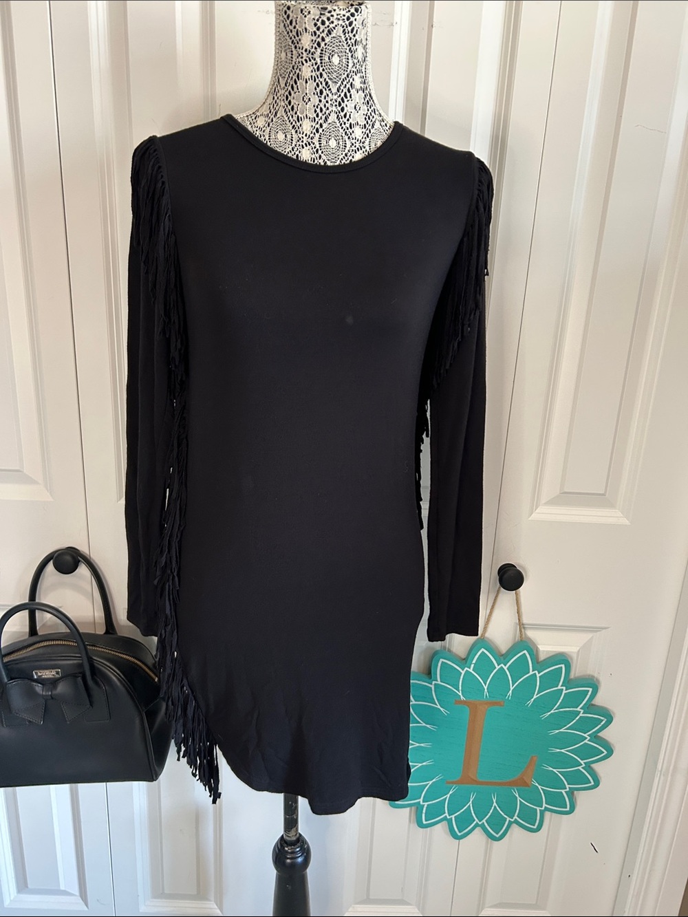 Black Fringe Long Sleeve Dress - Women's